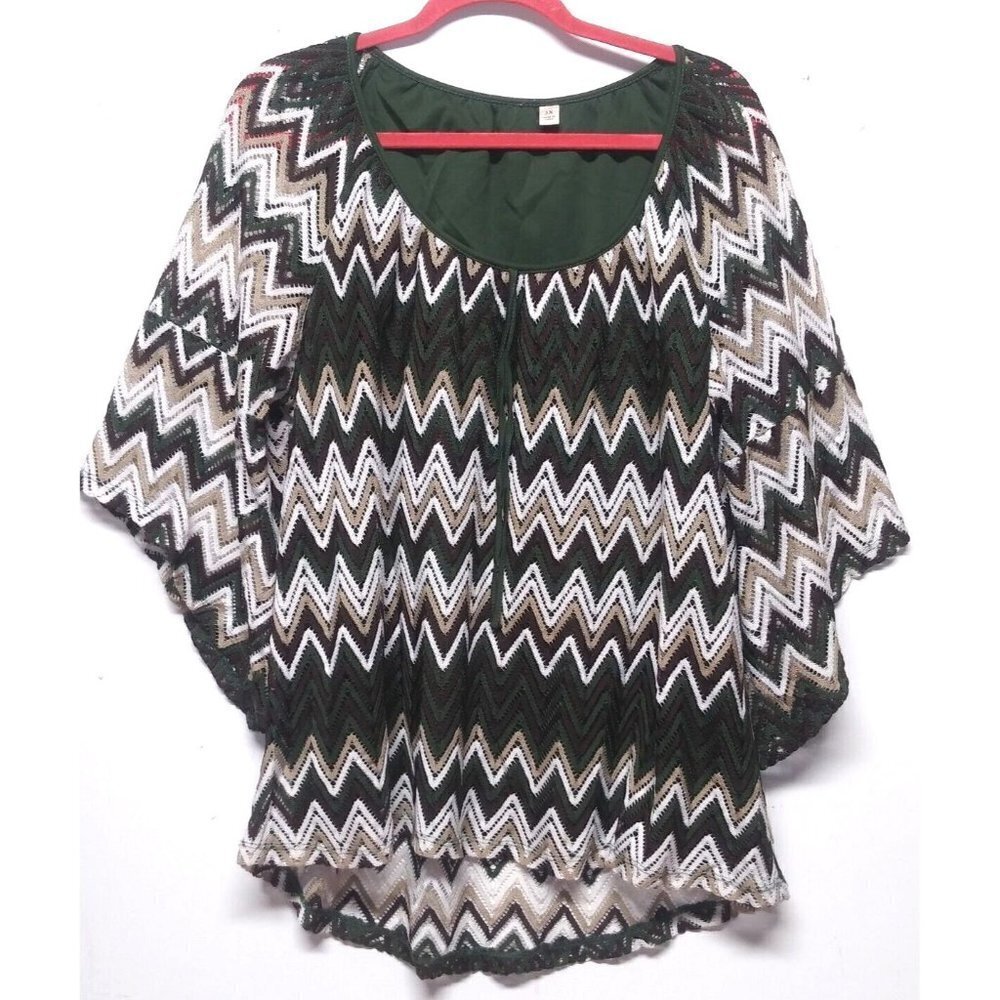 Tacera Women's Top 2X/3X Multi-Color Chevron Zig-Zag net semi-sheer bell sleeve